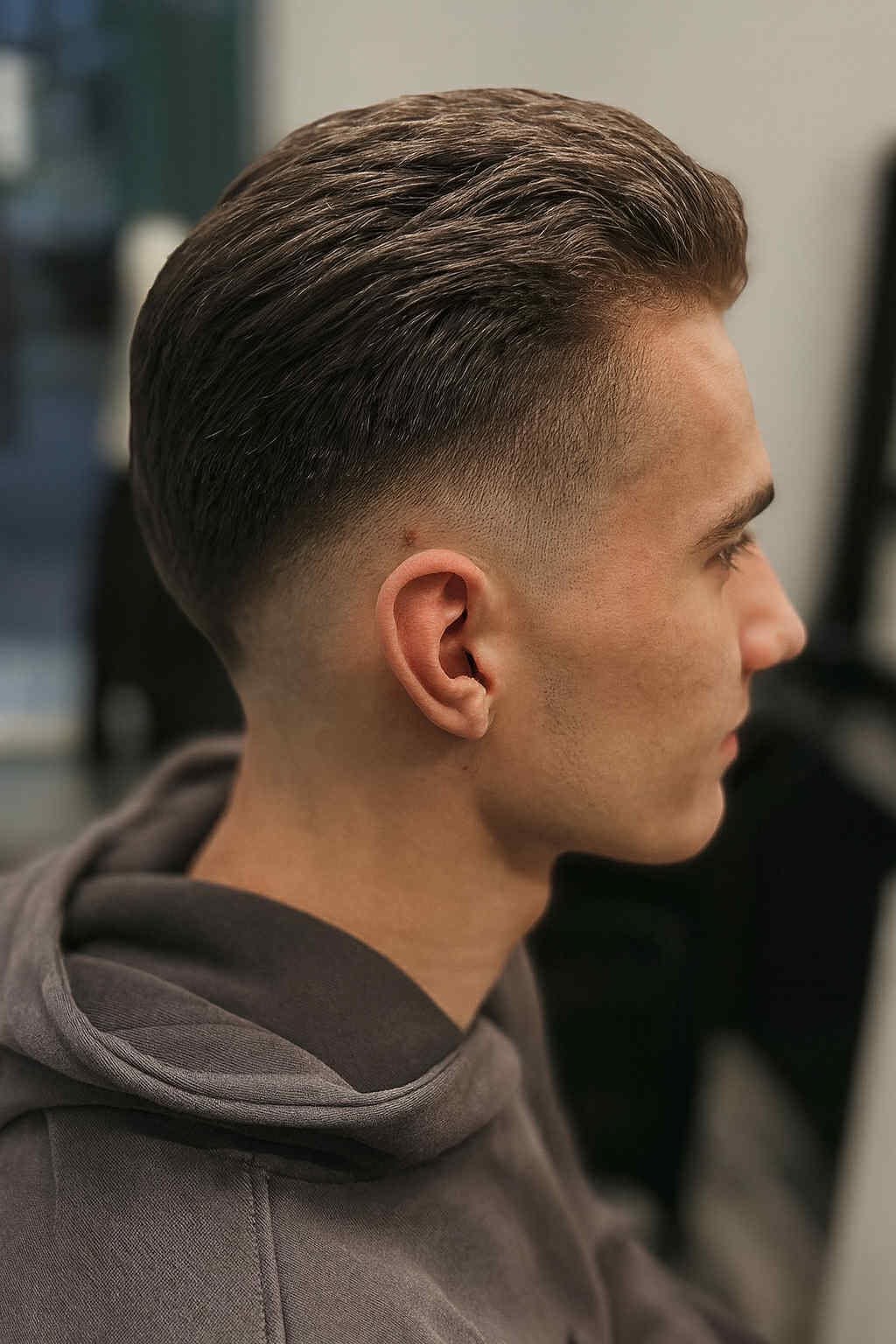 Precyzyjne męskie strzyżenie typu skin fade z płynnym cieniowaniem boków oraz dłuższą, teksturowaną górą zaczesaną do tyłu